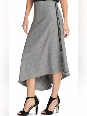 Dkny Gray Plaid Midi Skirt with Side Logo Trim